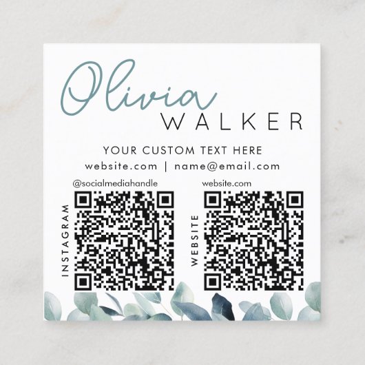 Elegant Greenery Botanical Script Name 2 QR Code Quadratische Visitenkarte (Rückseite)