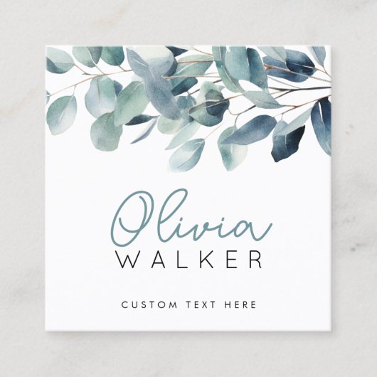 Elegant Greenery Botanical Script Name QR Code Quadratische Visitenkarte (Vorderseite)