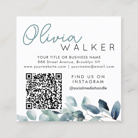 Elegant Greenery Botanical Script Name QR Code Quadratische Visitenkarte (Rückseite)