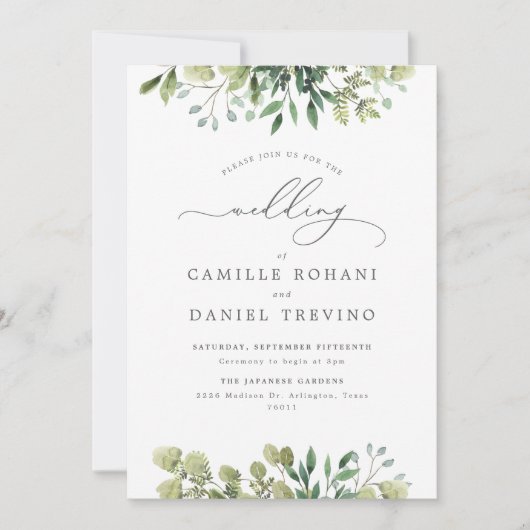 Elegant Greenery Botanical Wedding Invitation Einladung (Vorderseite)