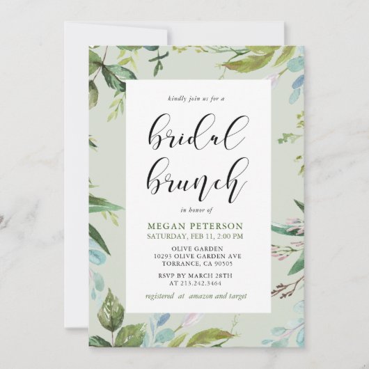 Elegant Greenery Bridal Brunch Einladung (Vorderseite)