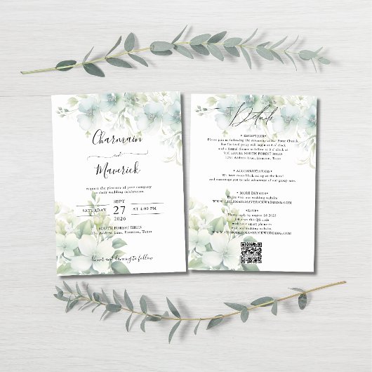 Elegant Greenery Budget QR code Wedding Einladung
