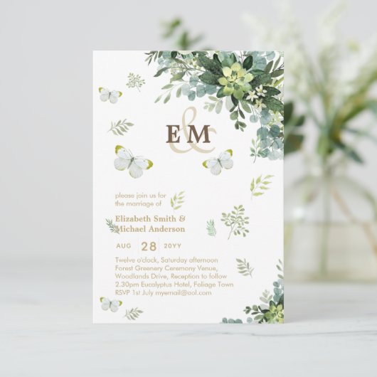 Elegant Greenery Butterflies Monogram Wedding Inv (Stehend Vorderseite)