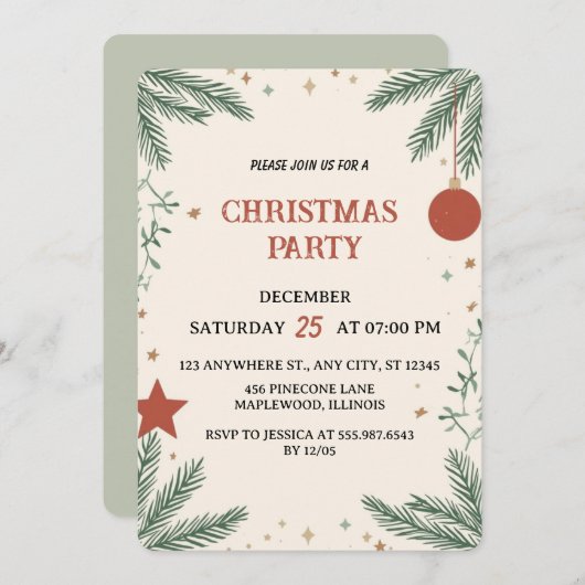 Elegant Greenery Christmas Party Invitation Card Einladung (Vorne/Hinten)