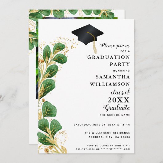 Elegant Greenery Class of 2025 Foto Abschluss Einladung (Vorne/Hinten)
