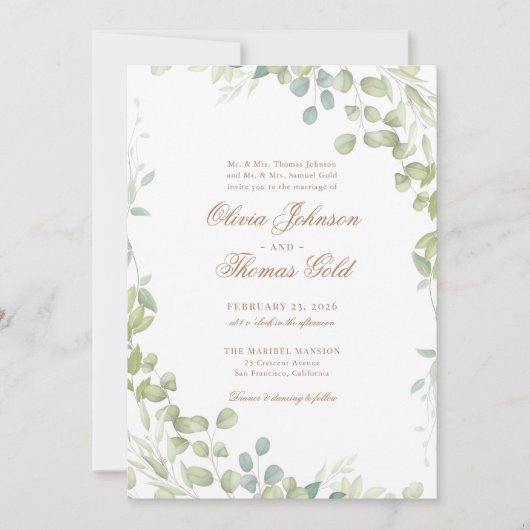 Elegant Greenery Classic Eucalyptus Wedding Einladung (Vorderseite)