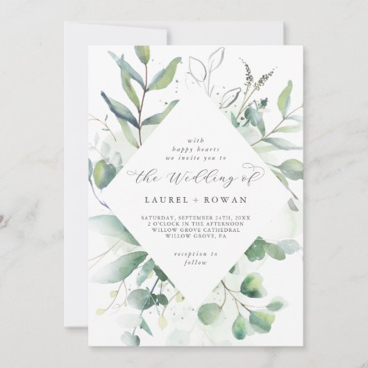Elegant Greenery Diamond Wedding Einladung (Vorderseite)