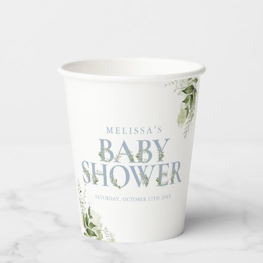 Elegant Greenery Dusty Blue Baby Shower Pappbecher (Rückseite)