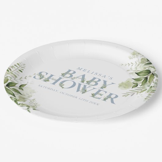 Elegant Greenery Dusty Blue Baby Shower Pappteller (Schrägansicht)