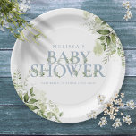 Elegant Greenery Dusty Blue Baby Shower Pappteller<br><div class="desc">Eine elegante Babyduschplatte mit schick staubblauer Typografie und hübschem botanischem Grün. Entwickelt von Thisisnotme©</div>