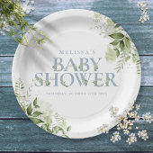 Elegant Greenery Dusty Blue Baby Shower Pappteller