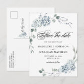 Elegant Greenery Dusty Blue Floral Save the Date Ankündigungspostkarte (Vorne/Hinten)