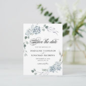 Elegant Greenery Dusty Blue Floral Save the Date Ankündigungspostkarte (Stehend Vorderseite)