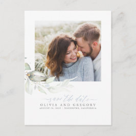 Elegant Greenery Dusty Blue Save the Date Foto Ankündigungspostkarte