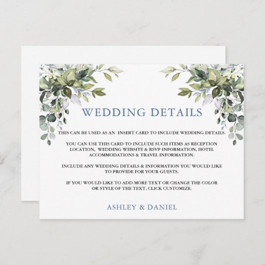 Elegant Greenery Dusty Blue Wedding Details Card Postkarte (Vorne/Hinten)