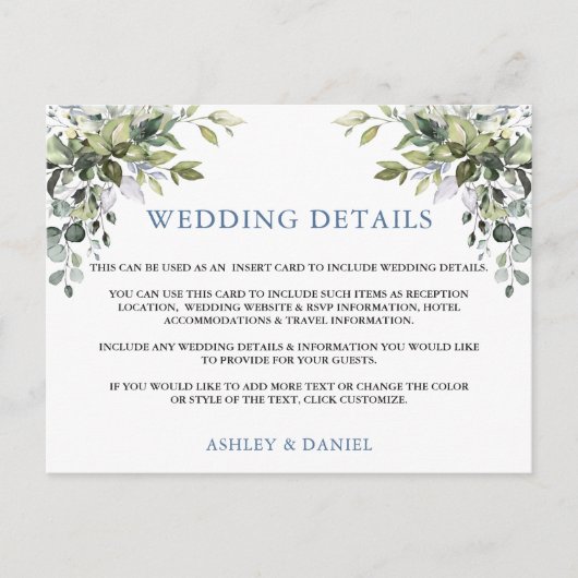 Elegant Greenery Dusty Blue Wedding Details Card Postkarte (Vorderseite)