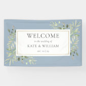 Elegant Greenery Dusty Blue Wedding Willkommen Banner (Horizontal)
