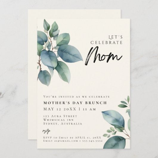 Elegant Greenery Einfache Mutter's Day BRUNCH Einladung (Vorne/Hinten)