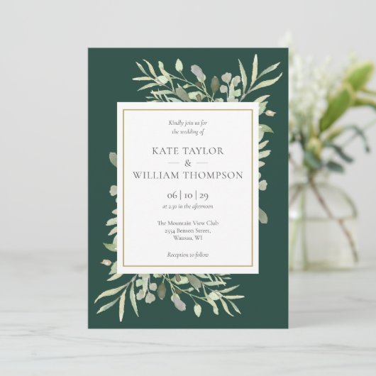 Elegant Greenery Emerald Gold Foto Wedding Einladung (Stehend Vorderseite)