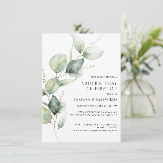 Elegant Greenery Eucalyptus 90. Geburtstag Einladung (Stehend Vorderseite)