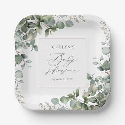 Elegant Greenery Eucalyptus Baby Shower Pappteller (Vorderseite)