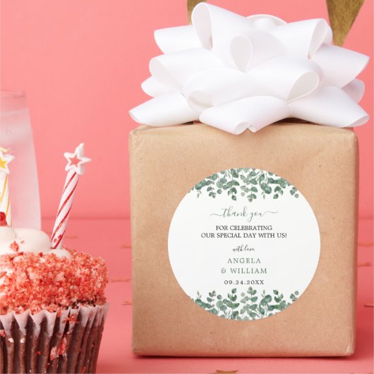 Elegant Greenery Eucalyptus Blätter Wedding Runder Aufkleber (Party)