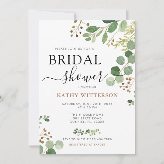 Elegant Greenery Eucalyptus Brautparty Einladung (Vorderseite)