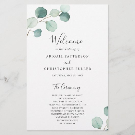 Elegant Greenery Eucalyptus Budget Hochzeitsprogra Flyer (Vorne)