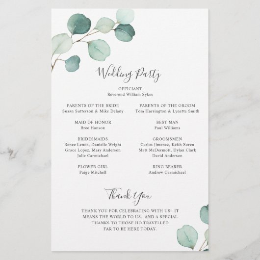 Elegant Greenery Eucalyptus Budget Hochzeitsprogra Flyer (Hinten)