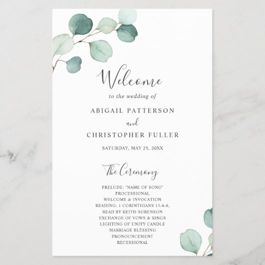 Elegant Greenery Eucalyptus Budget Hochzeitsprogra Flyer (Vorne)