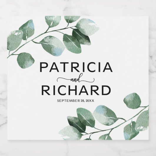 Elegant Greenery Eucalyptus Calligraphy Wedding Schaumweinetikett (Einzelnes Label)