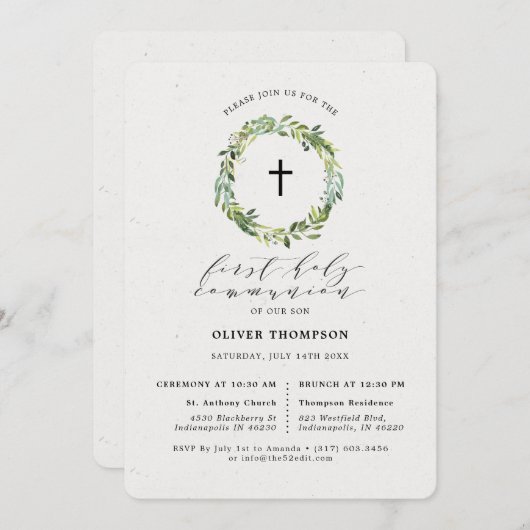 Elegant Greenery Eucalyptus First Communion Einladung (Vorne/Hinten)