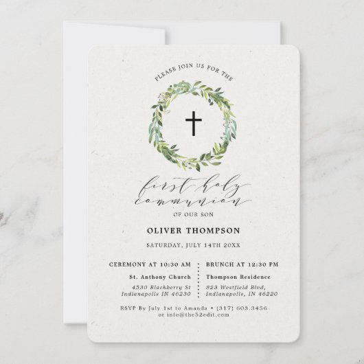 Elegant Greenery Eucalyptus First Communion Einladung (Vorderseite)