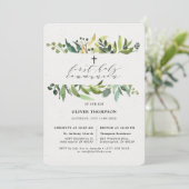 Elegant Greenery Eucalyptus First Communion Einladung (Stehend Vorderseite)