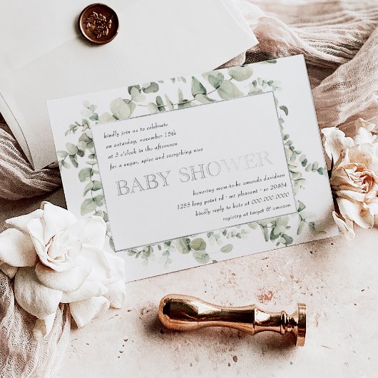 Elegant Greenery Eucalyptus Foliage Baby Shower Folieneinladung