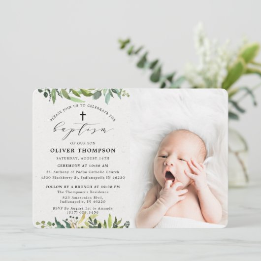 Elegant Greenery Eucalyptus Foliage Foto Taufe Einladung (Stehend Vorderseite)