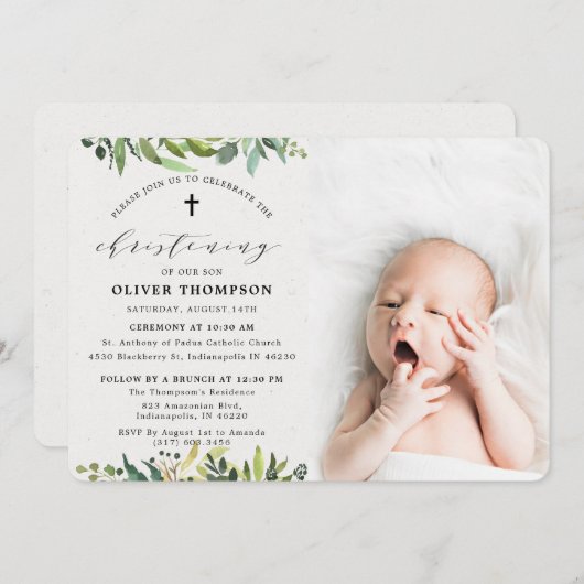 Elegant Greenery Eucalyptus Foto Christening Einladung (Vorne/Hinten)