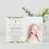 Elegant Greenery Eucalyptus Foto Christening Einladung (Stehend Vorderseite)