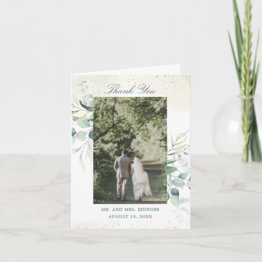 Elegant Greenery Eucalyptus Foto Wedding Dankeskarte (Vorderseite)