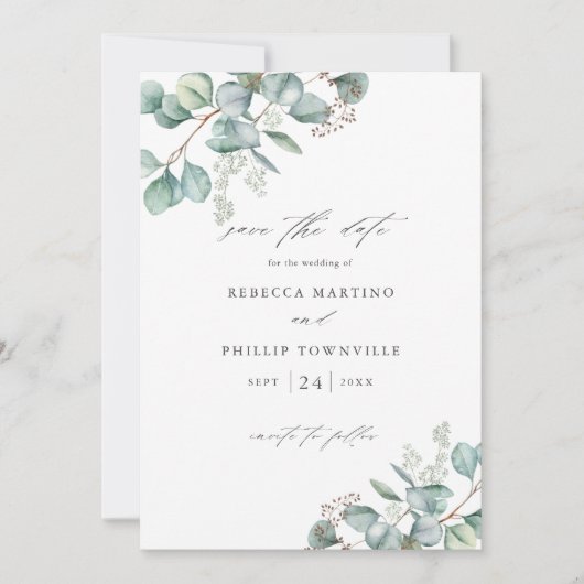 Elegant Greenery Eucalyptus Foto Wedding Save The Date (Vorderseite)