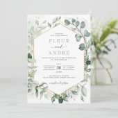 Elegant Greenery Eucalyptus Geometric Gold Wedding Einladung (Stehend Vorderseite)