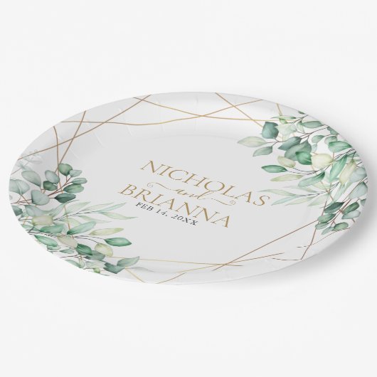 Elegant Greenery Eucalyptus Gold Geometric Wedding Pappteller (Schrägansicht)
