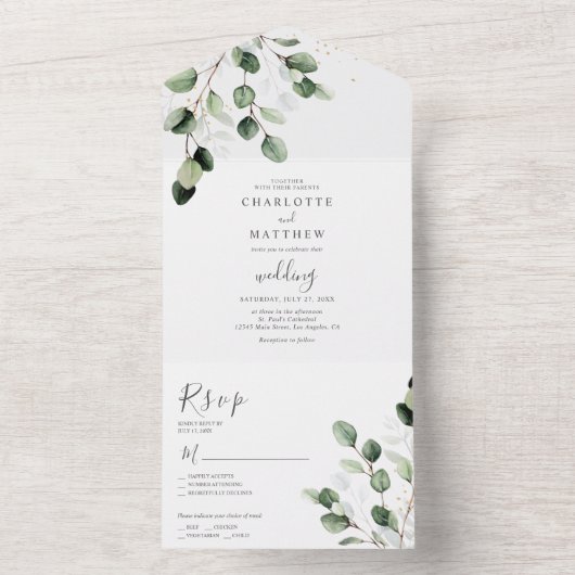 Elegant Greenery Eucalyptus Gold Wedding All In One Einladung (Innen Boden)