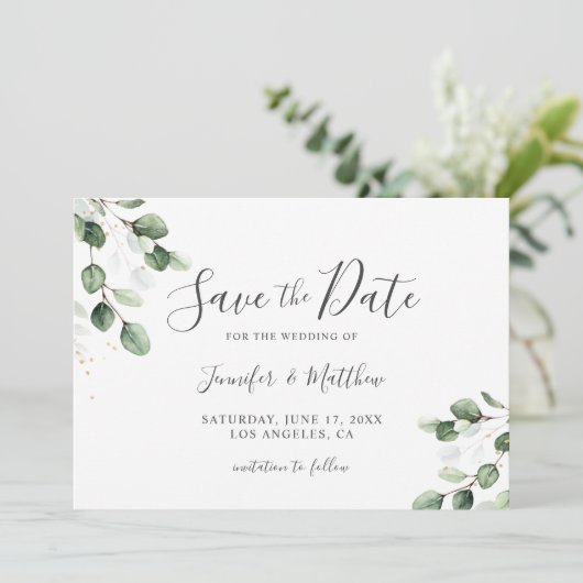 Elegant Greenery Eucalyptus Gold Wedding Save The Date (Stehend Vorderseite)