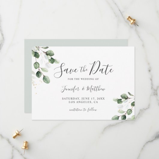 Elegant Greenery Eucalyptus Gold Wedding Save The Date (Vorderseite/Rückseite Beispiel)