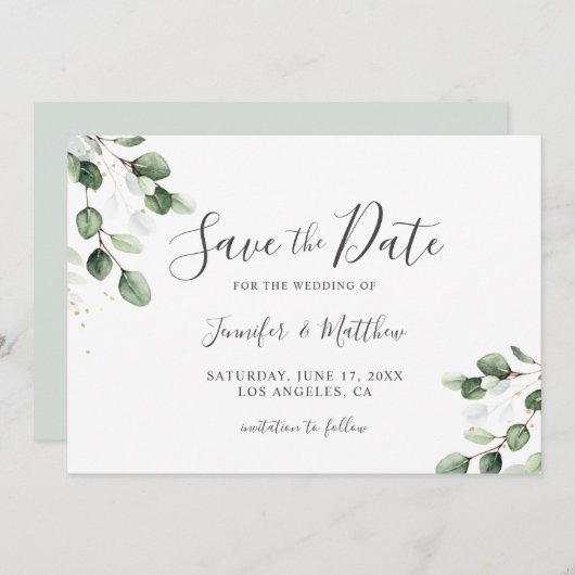 Elegant Greenery Eucalyptus Gold Wedding Save The Date (Vorne/Hinten)