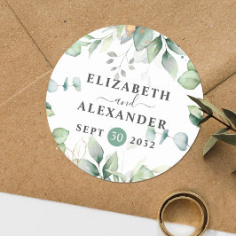 Elegant greenery eucalyptus names and wedding date runder aufkleber