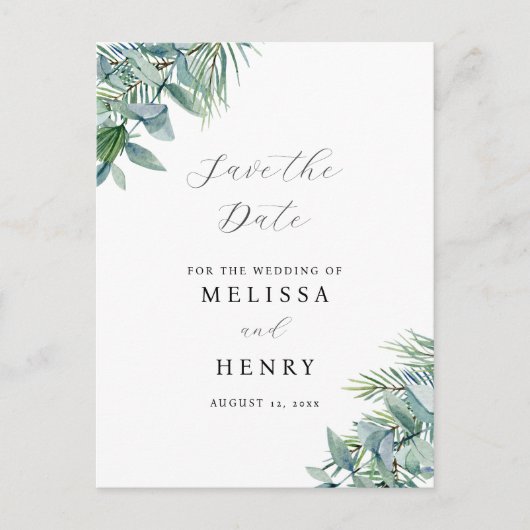 Elegant Greenery Eucalyptus Save the Date Postcard Postkarte (Vorderseite)