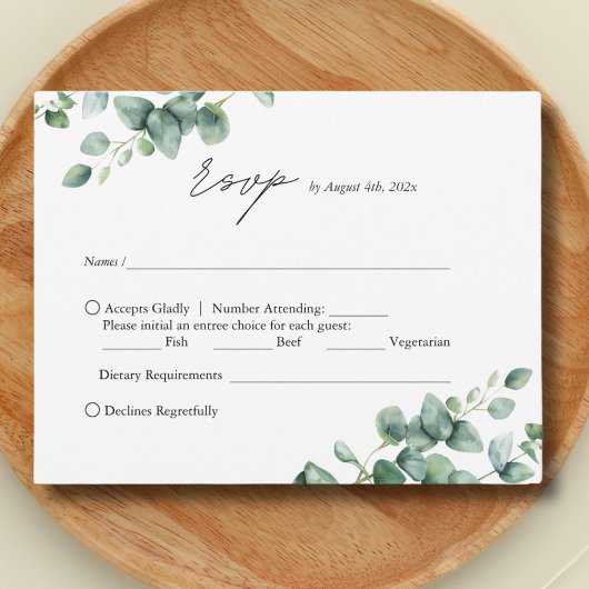 Elegant Greenery Eucalyptus script wedding RSVP Karte