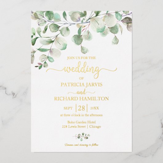 Elegant Greenery Eucalyptus Watercolor Wedding Folieneinladung (Vorderseite)